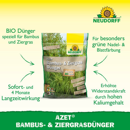 I midten er en pose Neudorff Shop Azet Bambus- & PrydegræsGødning afbildet, med tysk tekst om langtidsvirkning og grønnere blade til bambus og prydegræs på hvid og grøn baggrund.