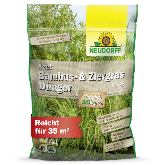Azet Bambus- & ZiergrasDünger von Neudorff Shop: 1,75 kg für Gräser im Garten, organische Inhaltsstoffe, reicht für 35 m². Die grün-gelbe Verpackung mit Gras- und Bambusmotiv macht die Anwendung besonders einfach.