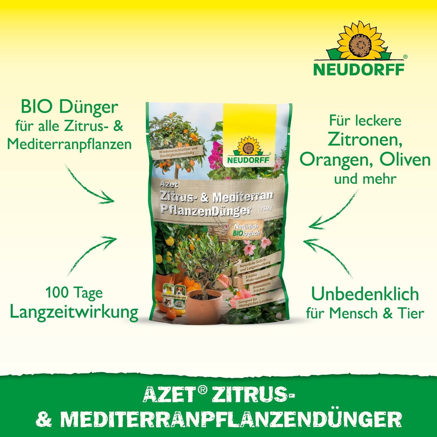 Azet Citrus- & MiddelhavsplanterGødning fra Neudorff Shop er afbildet, en organisk fuldgødning til middelhavsplanter i krukker som citroner, oliven, appelsiner og oleander med langvarig virkning.