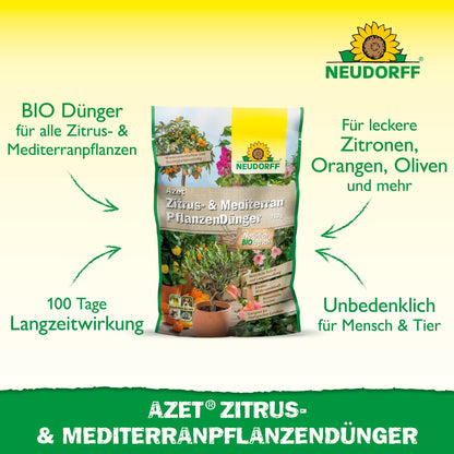 Azet Citrus- & MiddelhavsplanterGødning fra Neudorff Shop er afbildet, en organisk fuldgødning til middelhavsplanter i krukker som citroner, oliven, appelsiner og oleander med langvarig virkning.