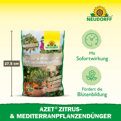 En 27,5 cm høj pose Azet Citrus- & MiddelhavsplanterGødning fra Neudorff Shop vises med ikoner for hurtig virkning og blomsterreklame. Den grønne og gule branding fremhæver citrusplanter og middelhavsplanter i krukker.