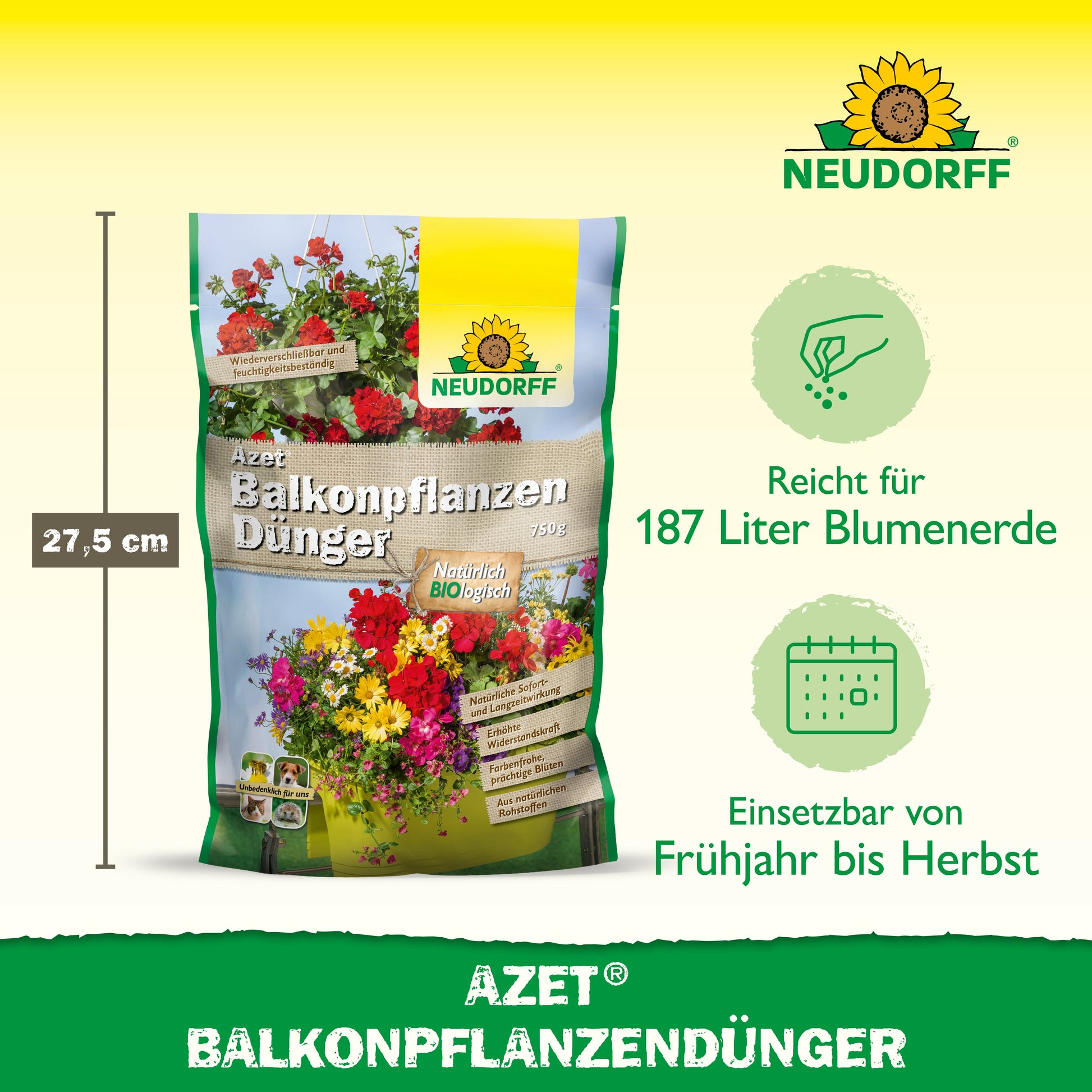 Eine Tüte mit Neudorff Shop Azet BalkonpflanzenDünger steht aufrecht. Die Verpackung zeigt Sommerblumen und Details: 27,5 cm Höhe, geeignet für 187 L Erde in Balkonkästen, wirksam von Frühjahr bis Herbst.