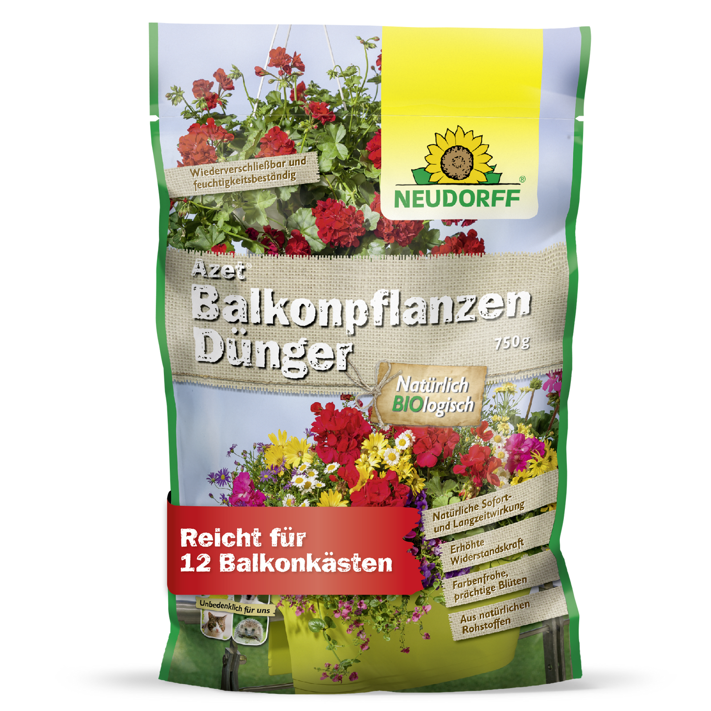 Azet BalkonpflanzenGødning fra Neudorff Shop kommer i en 750g pose med billeder af sommerblomster, er biologisk og egnet til op til 12 altankasser.