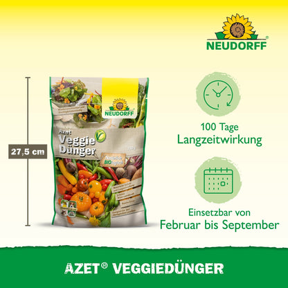En 2,5 kg sæk Azet VeggieGødning fra Neudorff Shop med en højde på 27,5 cm vises med et emballagedesign med grøntsager, der fremhæver den 100-dages langtidseffekt og den anbefalede brug fra februar til september.