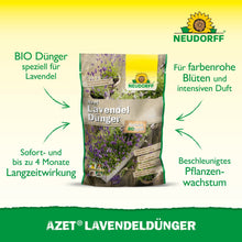 Azet LavendelGødning fra Neudorff Shop er afbildet i midten. Den grønne tekst fremhæver bioformlen, den langvarige virkning, den intense duft, de lysende blå-violette blomster og den forbedrede vækst for tørketolerante buske.