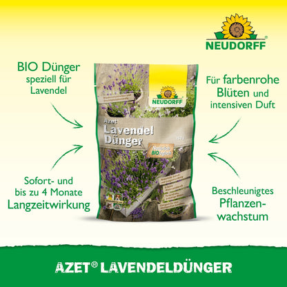 Azet LavendelGødning fra Neudorff Shop er afbildet i midten. Den grønne tekst fremhæver bioformlen, den langvarige virkning, den intense duft, de lysende blå-violette blomster og den forbedrede vækst for tørketolerante buske.