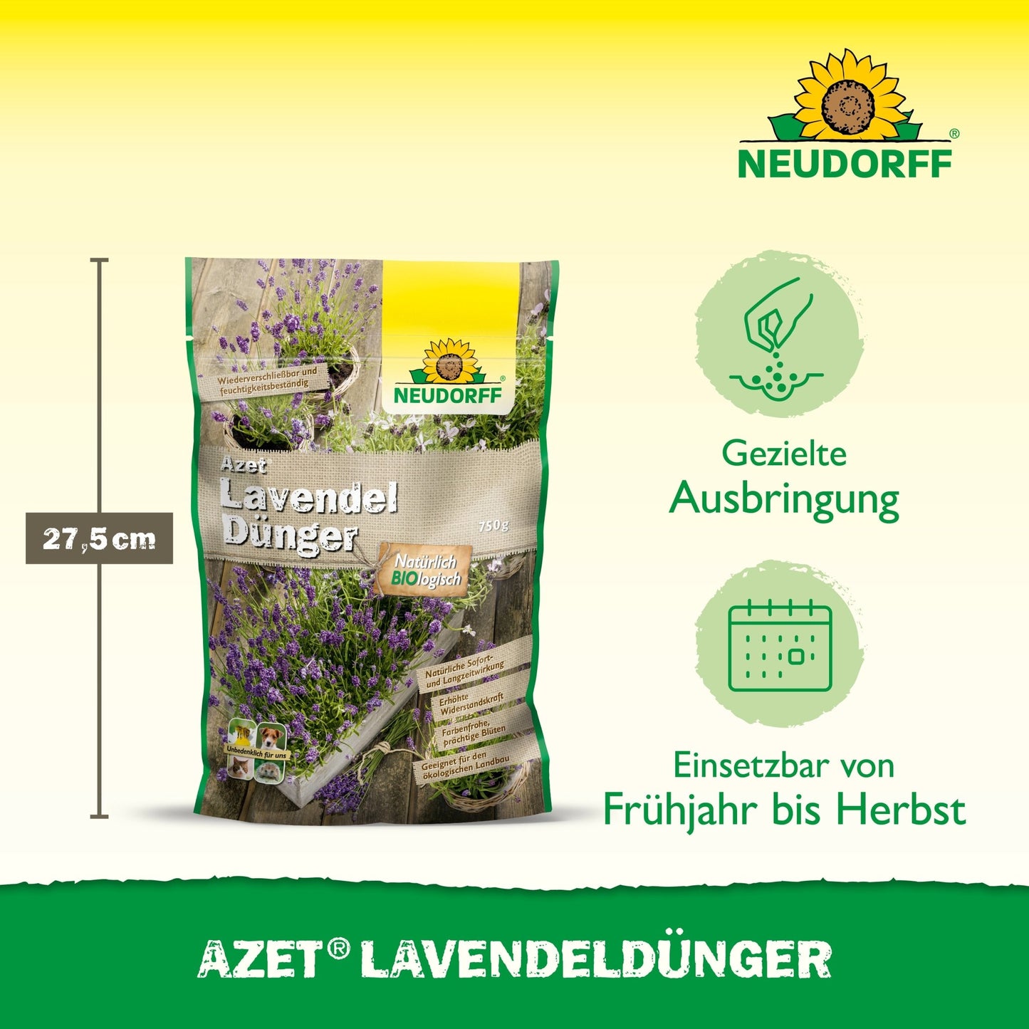 Azet LavendelGødning fra Neudorff Shop leveres i en 27,5 cm høj, opretstående pose, der viser billeder af lavendel med blå-violette blomster og produktinformationer. Piktogrammerne viser, at det er tørketolerant lavendel fra forår til efterår.