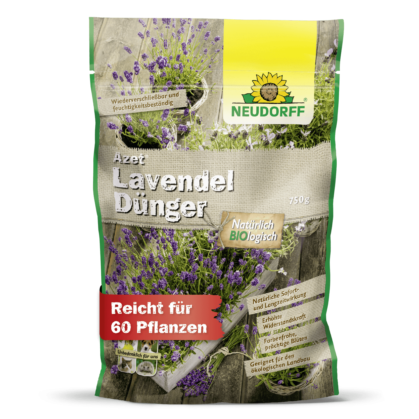 En 750g pose Neudorff Shop Azet LavendelGødning, med lavendel og blå-lilla blomster på emballagen. Denne organiske gødning nærer op til 60 planter og fremmer en robust, tørketolerant halvbuskvækst.