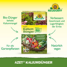 Afbildet er en kasse Neudorff Shop Azet Kaliumgødning med pile og tekst, der fremhæver fordelene, såsom korrektion af kaliummangel, egnethed til alle planter, forbedring af afgrøder og en vegansk formel.