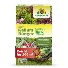 Azet Kaliumgødning fra Neudorff Shop er en organisk gødning til alle haveplanter, forhindrer kaliummangel, dækker op til 100 m² og viser billeder af grøntsager og blomster - ideel til plantning.