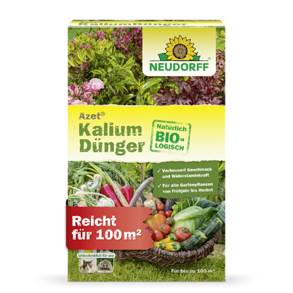 Azet KaliumDünger aus dem Neudorff Shop ist ein organischer Dünger für alle Gartenpflanzen, beugt Kaliummangel vor, deckt bis zu 100 m² und zeigt Bilder von Gemüse und Blumen - ideal zum Pflanzen düngen.