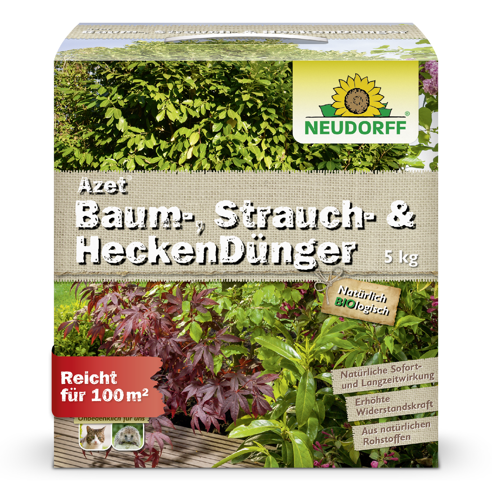 Eine 5 kg Kiste Neudorff Shop Azet Baum-, Strauch- & HeckenDünger, ein organischer Dünger für Bäume, Sträucher und Hecken im Garten. Die Verpackung zeigt Grünpflanzen und deckt bis zu 100 m² ab.