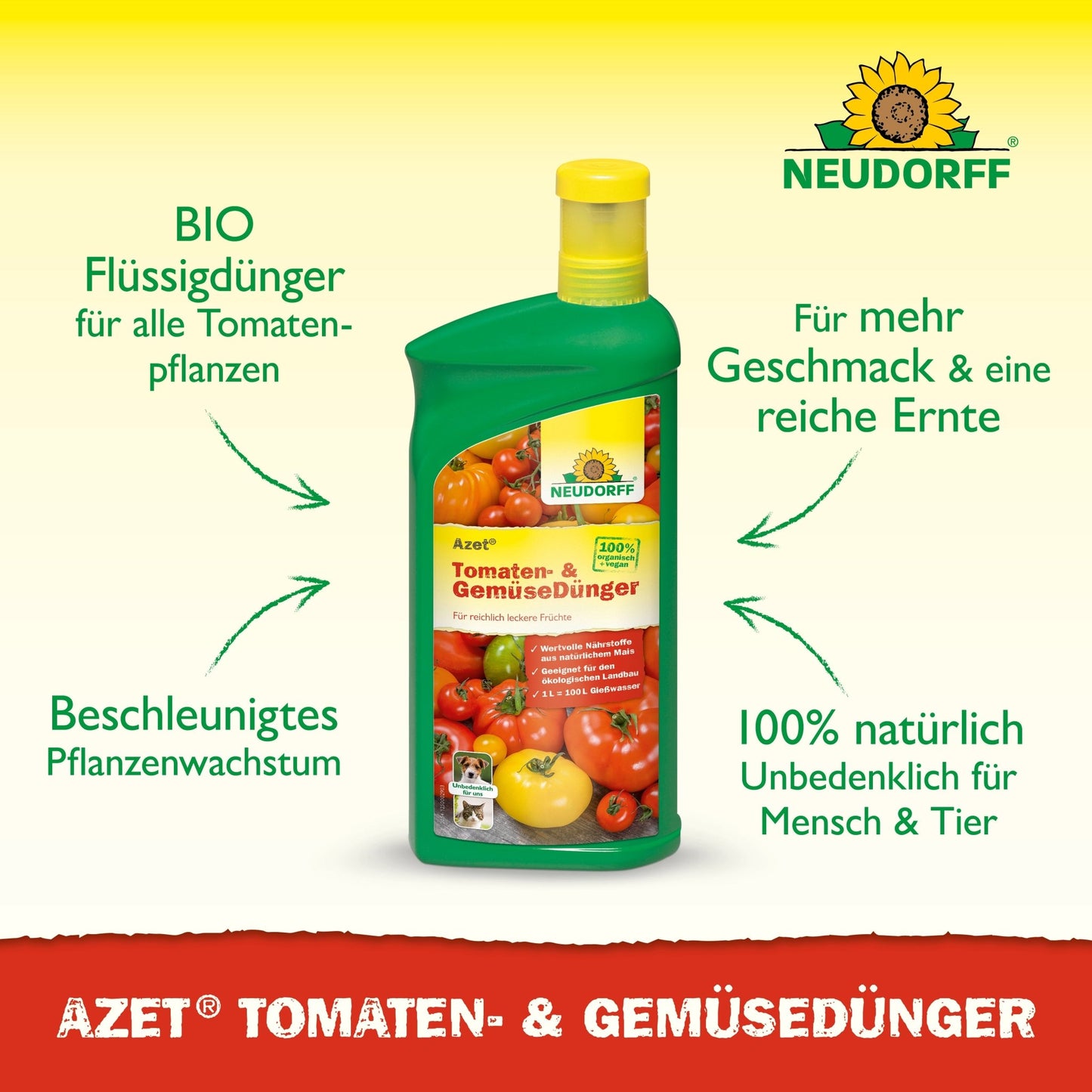En grøn flaske Neudorff Shop Azet Tomat- & Grøntsagsgødning flydende er afbildet med tomater, peberfrugter og agurker på etiketten. Den tyske tekst fremhæver organisk flydende gødning og naturlige ingredienser til altangrøntsager.