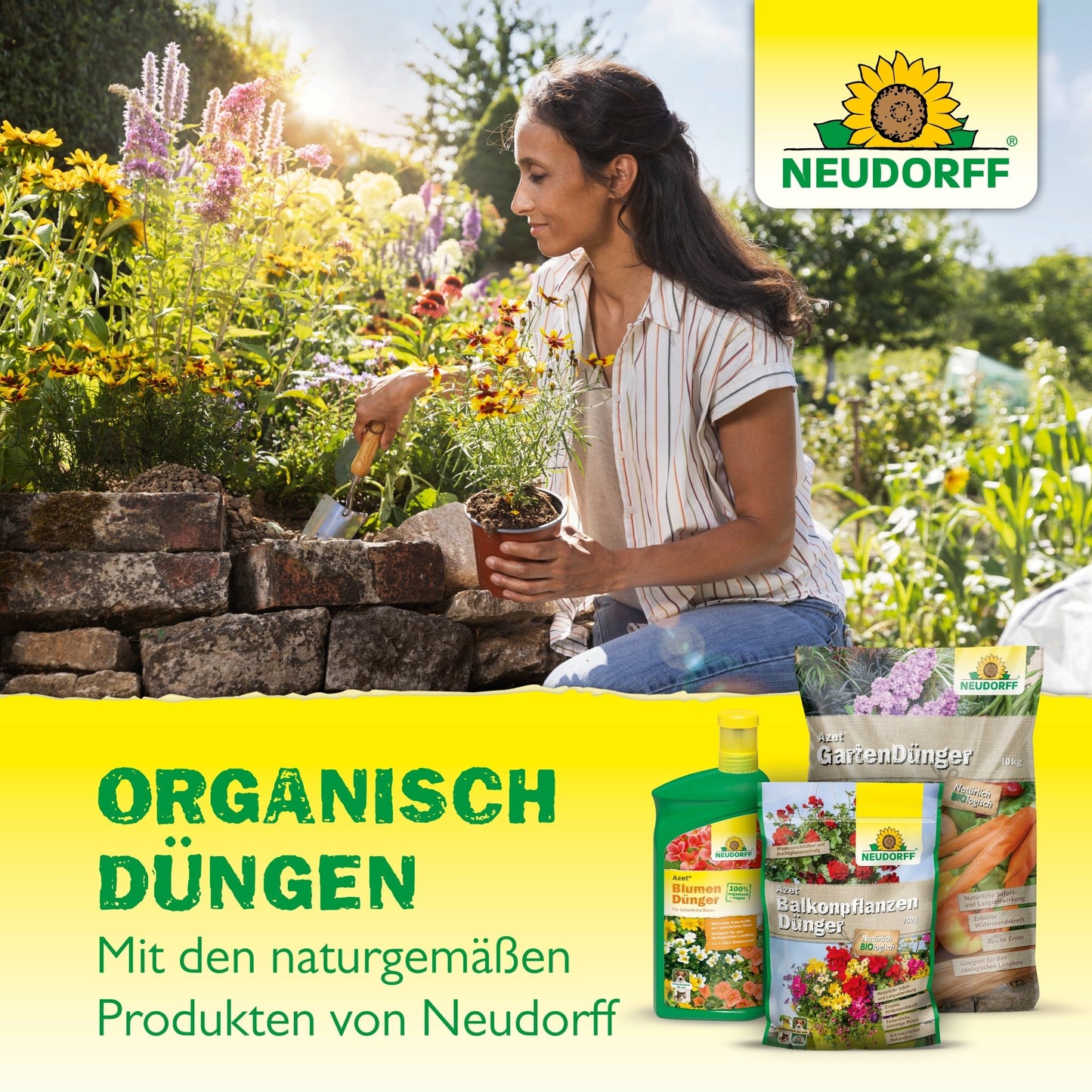 En kvinde arbejder i en stenbed og planter blomster. I forgrunden står Azet Tomat- & Grøntsagsgødning flydende fra Neudorff Shop. Tekst: "Organisk gødning. Med Neudorffs naturprodukter."