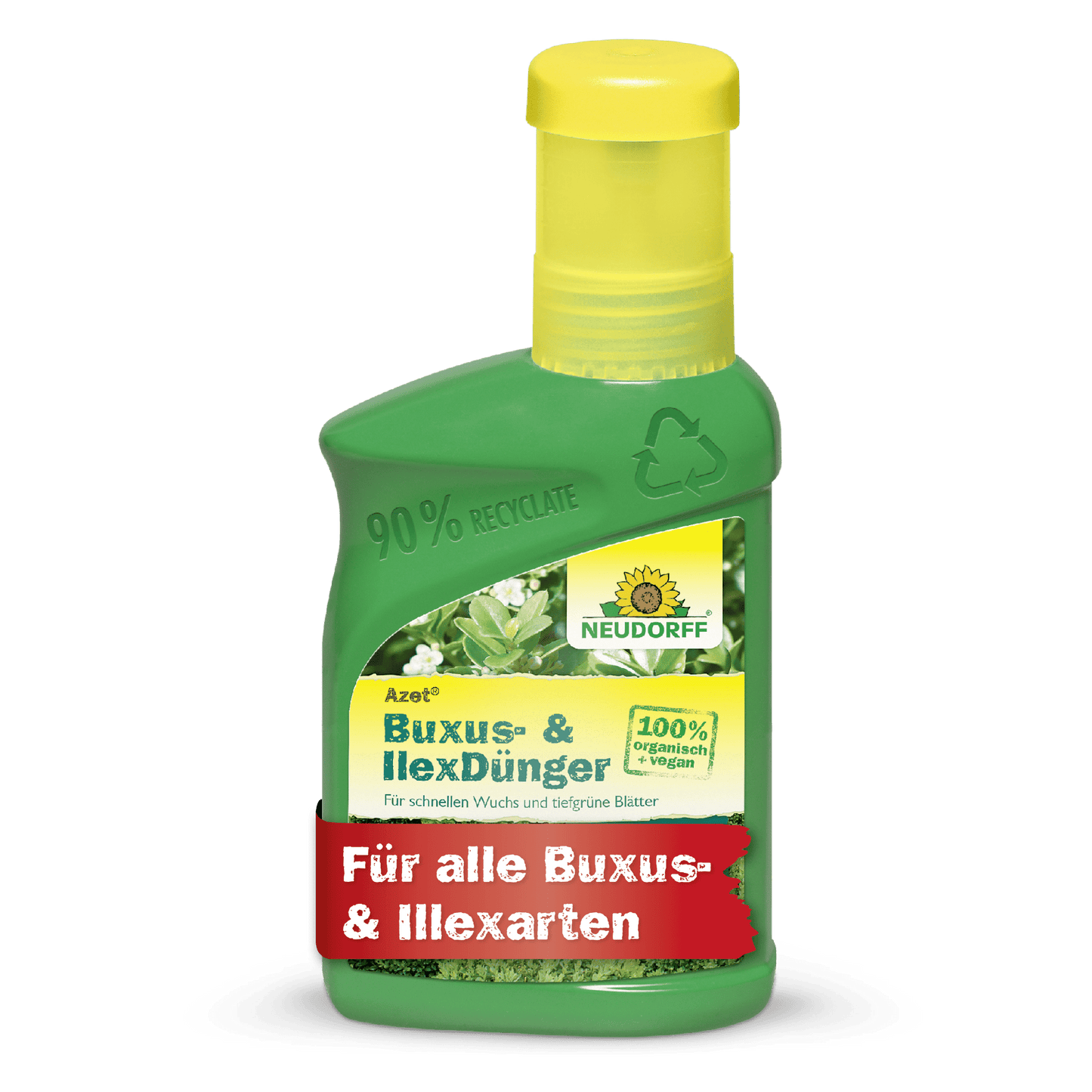 En grøn plastikflaske Azet Buxus- & IlexGødning flydende fra Neudorff Shop, 100% organisk plantegødning til buksbom, ilex og andre stedsegrønne planter; fremstillet af 90% genbrugsmateriale og forsynet med en gul hætte.