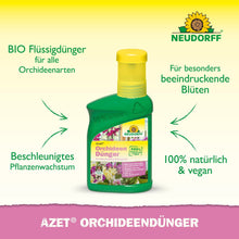 Afbildet er en grøn flaske Neudorff Shop Azet Orchideengødning flydende med en gul hætte. Den 100% naturlige, veganske formel understøtter pragtfulde blomster og hurtigere vækst - ideel for alle, der ønsker at gøde orkideer.