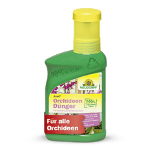 Azet Orchideengødning flydende fra Neudorff Shop i den grønne flaske med gul hætte - ideel til gødning af orkideer og for pragtfulde blomster.