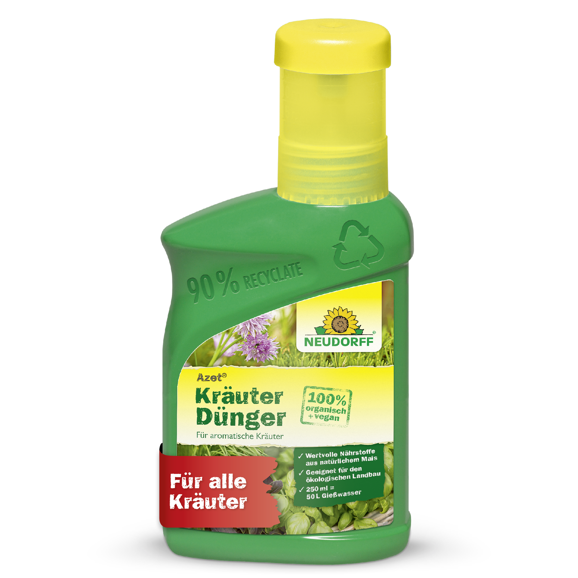 Eine grüne Plastikflasche von Neudorff Shop Azet KräuterDünger flüssig mit gelbem Verschluss, 100% biologisch, ideal für die Gesundheit aller Kräuter, mit Kräuterbildern und Recycling-Informationen auf der Verpackung.