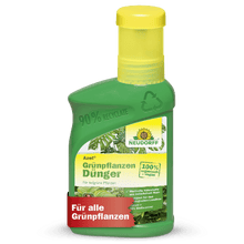En grøn plastikflaske fra Neudorff Shop Azet Grønplantedünger flydende med en gul hætte, mærket som 100% organisk vegansk gødning til grønne planter, leverer essentielle næringsstoffer og har et genbrugssymbol med tysk tekst.
