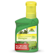 En grøn plastikflaske fra Neudorff Shop Azet Kaktus- & Sukkulentgødning flydende viser kaktus billeder, tyske produktinformationer og et rødt banner med "Til 50 liter vandingsvand" på etiketten.