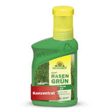 Azet RasenGrün fra Neudorff Shop kommer i en grøn plastflaske (90% genanvendt), gul lukning, græsbillede, og er et plæneplejekoncentrat til 10 m², der lover saftigt grønt græs på kun 4 dage.