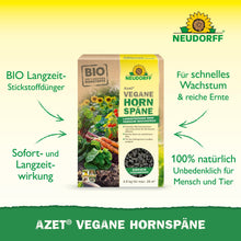 Azet Veganske Hornspåner fra Neudorff Shop er afbildet på en grøn baggrund, med en tekst, der reklamerer for de biologiske, veganske, langtidsvirkende og 100% naturlige egenskaber for en sikker plantevækst.