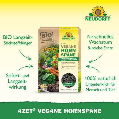 Azet Vegane Hornspäne von Neudorff Shop ist auf grünem Hintergrund abgebildet, mit einem Text, der die biologischen, veganen, lang wirkenden und 100% natürlichen Eigenschaften für ein sicheres Pflanzenwachstum bewirbt.