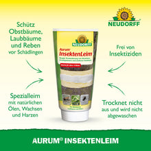 En tube Aurum InsektenLeim fra Neudorff Shop står oprejst og har en tysk tekst om beskyttelse af frugttræer mod myrer og vintermøl hunner. På den grøn-gule baggrund ses øverst Neudorff-logoet.