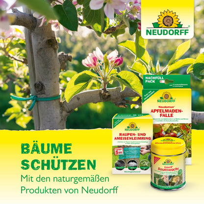 Nahaufnahme eines blütenbedeckten Astes, umgeben von Aurum InsektenLeim von Neudorff Shop für Baumschutz. Der Text lautet: "Bäume schützen. Mit dem naturgemäßen Aurum InsektenLeim von Neudorff Shop.
