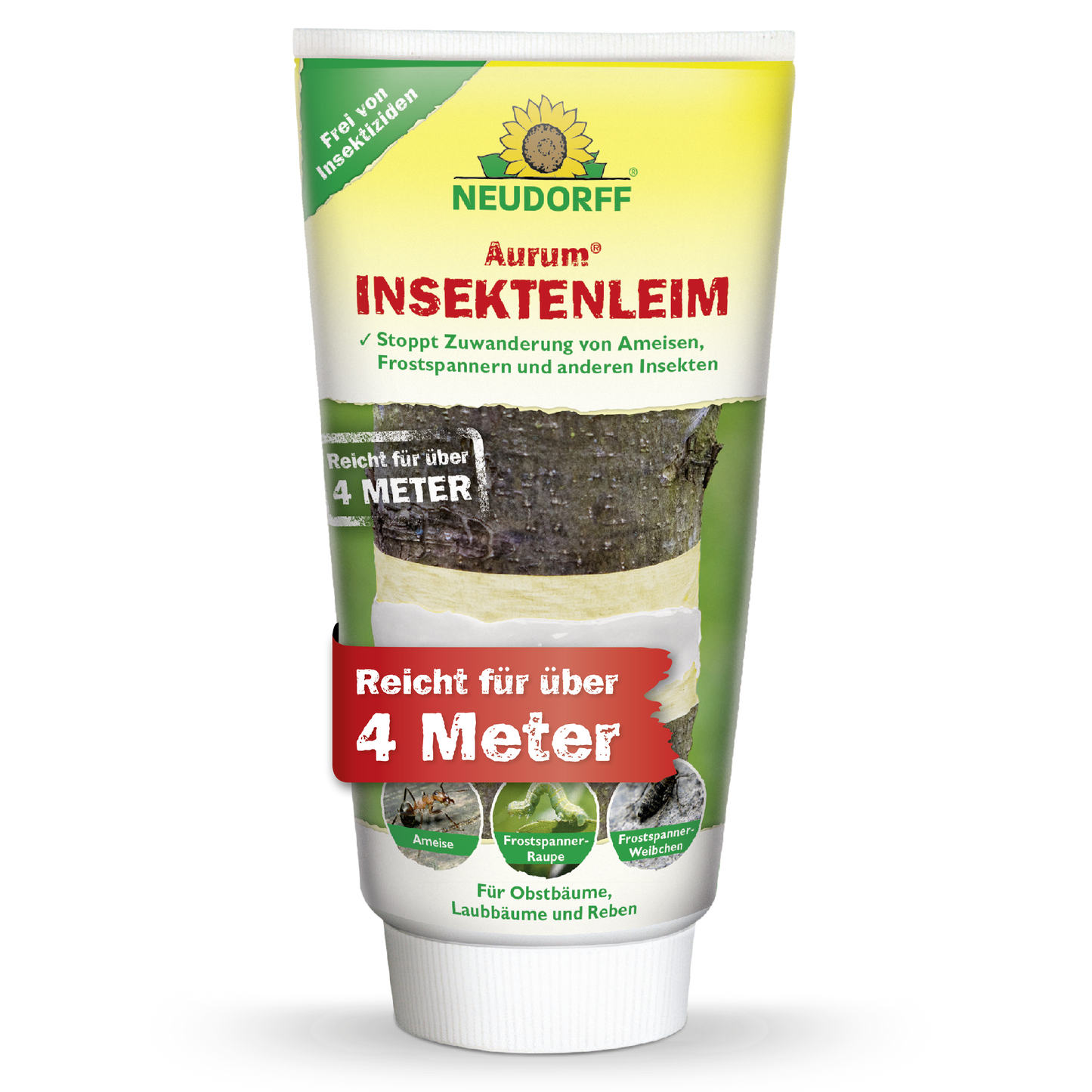 Aurum InsektenLeim von Neudorff Shop schützt Obstbäume effektiv vor Ameisen und Schädlingen - ohne Insektizide, wirkt über 4 Meter. Die Verpackung zeigt einen mit Leim umwickelten Baum.