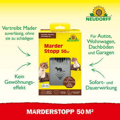 Afbildet er en æske med påskriften "MarderStopp 50m2" fra Neudorff Shop, der angiver den effektive beskyttelse mod mår. Emballagen viser to mårbilleder og informerer om den pålidelige anvendelse og fordelene ved mårbeskyttelse.