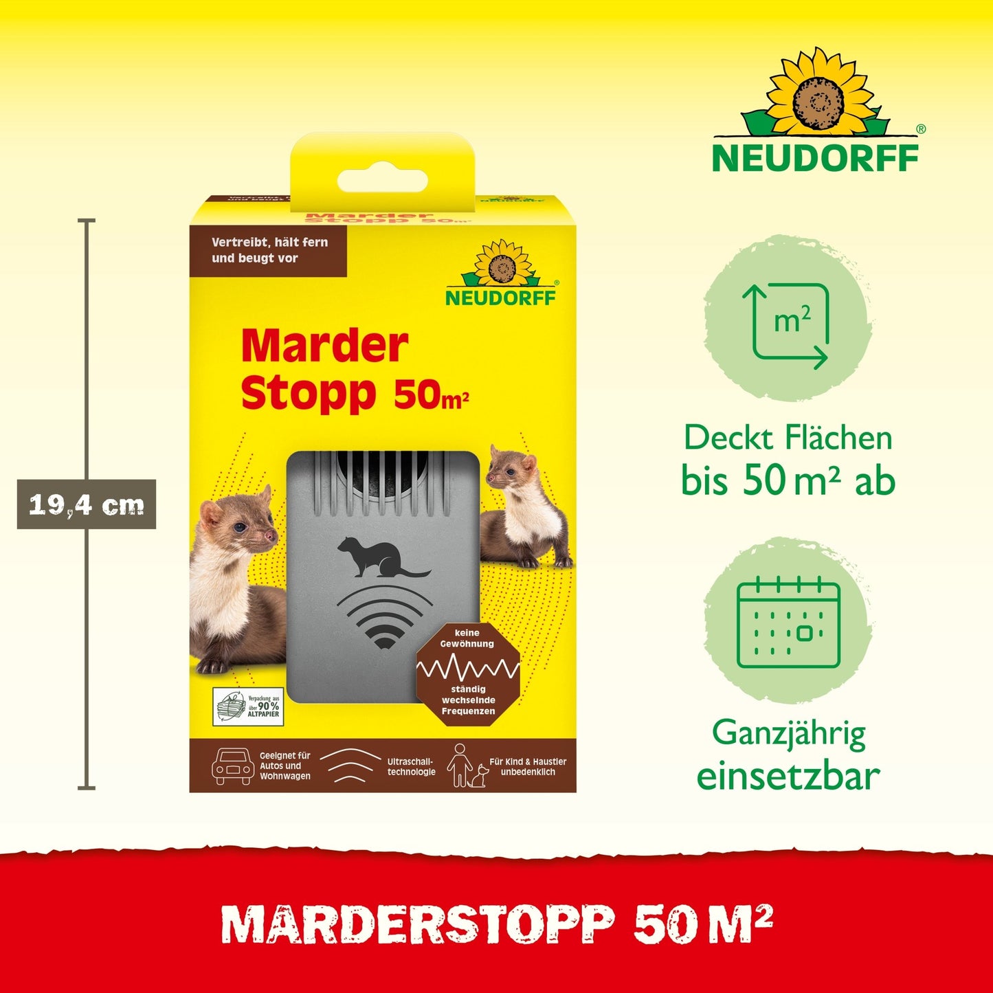 Den gule MarderStopp 50m2 boks fra Neudorff Shop viser mår, symboler for rækkevidde (op til 50m²), en enhedsillustration og en tekst, der fremhæver ultralydsteknologien.