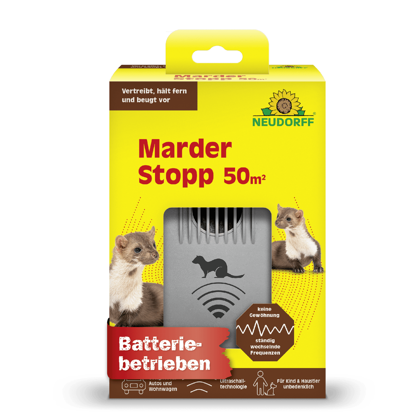 En gul-grøn Neudorff Shop MarderStopp 50m² boks viser mår, tysk produkttekst og en grå batterienhed i et frontvindue. Ikoner fremhæver funktioner som ultralydsteknologi til effektiv kabelforsvar.