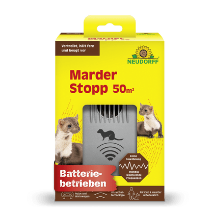 En gul-grøn Neudorff Shop MarderStopp 50m² boks viser mår, tysk produkttekst og en grå batterienhed i et frontvindue. Ikoner fremhæver funktioner som ultralydsteknologi til effektiv kabelforsvar.