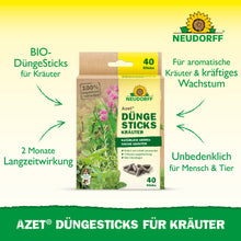 Eine Schachtel Neudorff Shop Azet Düngesticks für Kräuter-organische Kräuterdüngerstäbchen mit 2-monatiger Wirkung, sicher für Mensch und Haustier, für kräftiges Kräuterwachstum in Blumenerde. Jede Schachtel enthält 40 Stäbchen.