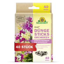 Eine Schachtel Azet Düngesticks für Orchideen von Neudorff Shop, die als 100% biologisch gekennzeichnet ist, enthält 40 Sticks, ist mit deutschem Text versehen, zeigt exotische Blüten und das gelbe Neudorff-Sonnenblumenlogo.