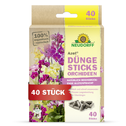 Eine Schachtel Azet Düngesticks für Orchideen von Neudorff Shop, die als 100% biologisch gekennzeichnet ist, enthält 40 Sticks, ist mit deutschem Text versehen, zeigt exotische Blüten und das gelbe Neudorff-Sonnenblumenlogo.
