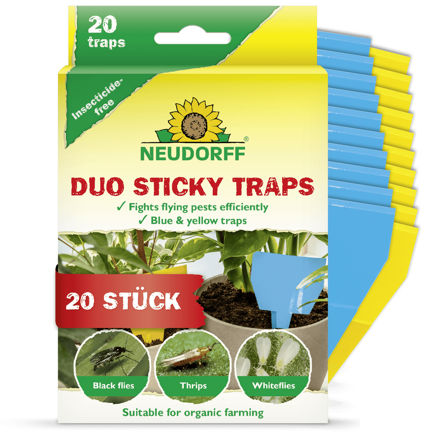 Eine Schachtel mit Neudorff Shop Duo Klebefallen für den ökologischen Landbau, mit Pflanzen- und Insektenbildern auf der Vorderseite. Enthält 20 blaue und gelbe Fallen zum Fang von Thripsen, wobei beide Fallenfarben neben der Schachtel abgebildet sind.