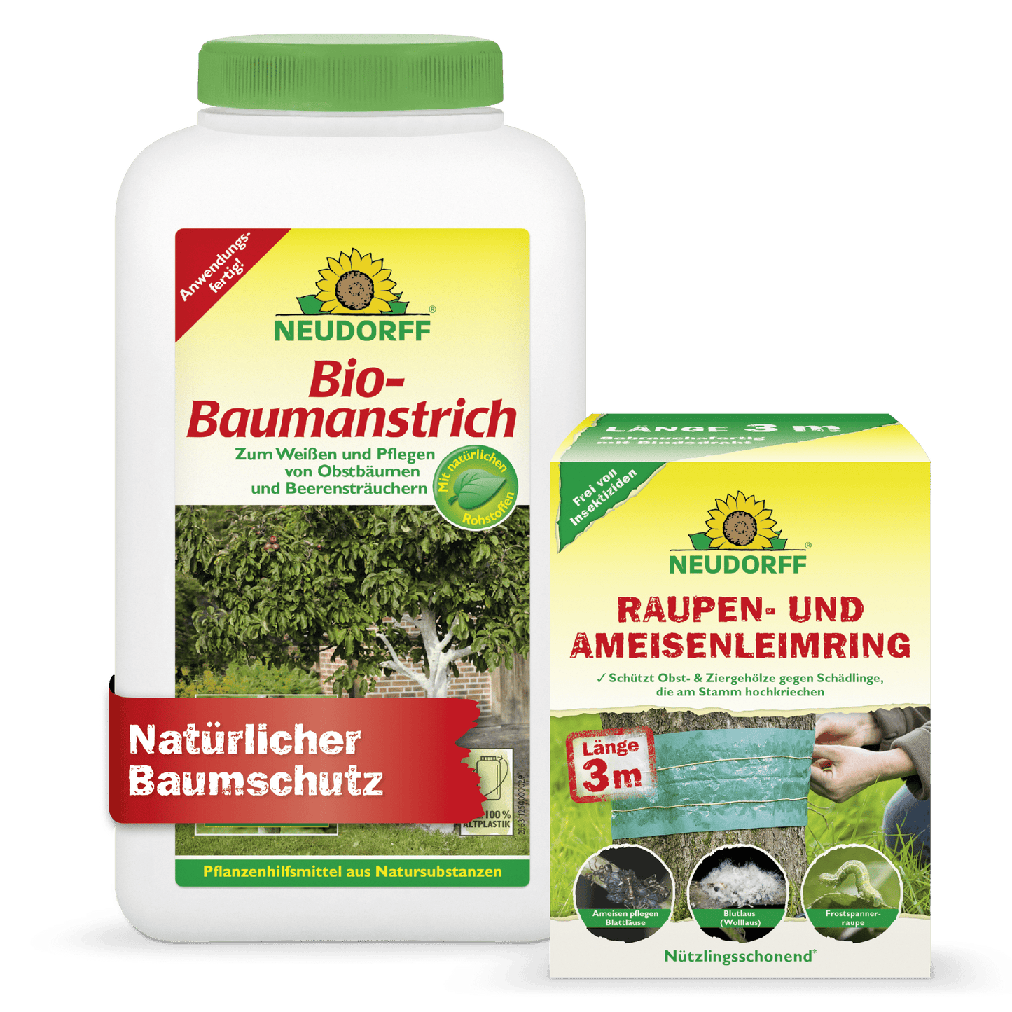 Neudorff Shop træbeskyttelsessæt er kendetegnet ved det karakteristiske grøn-gule branding. Både på bio-træmaling flasken og på larve- og myrelimring-dåsen er der træs motiver, der er forsynet med en grøn tape til beskyttelse af træerne.