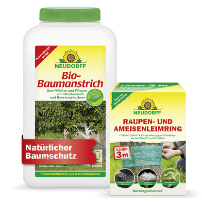 Neudorff Shop træbeskyttelsessæt er kendetegnet ved det karakteristiske grøn-gule branding. Både på bio-træmaling flasken og på larve- og myrelimring-dåsen er der træs motiver, der er forsynet med en grøn tape til beskyttelse af træerne.