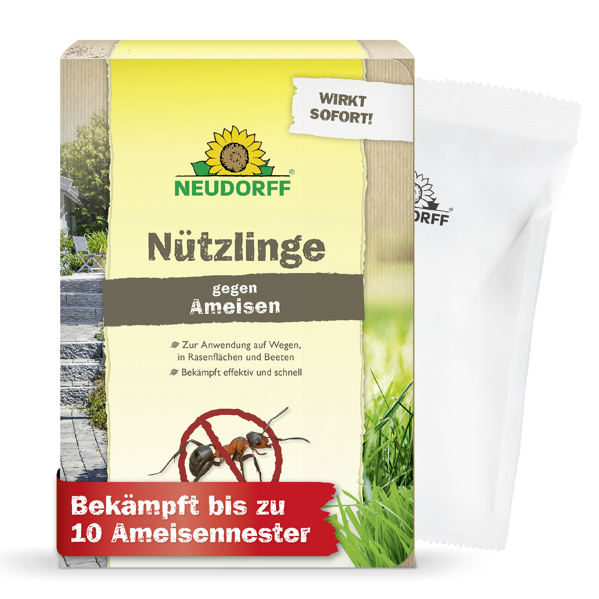 Eine Packung Neudorff Shop Nützlinge gegen Ameisen bekämpft wirksam Ameisen bei bis zu 10 Nestern. Auf der Verpackung sind Ameisen, ein durchgestrichenes Symbol und ein weißer Nematodenbeutel neben der Box abgebildet.