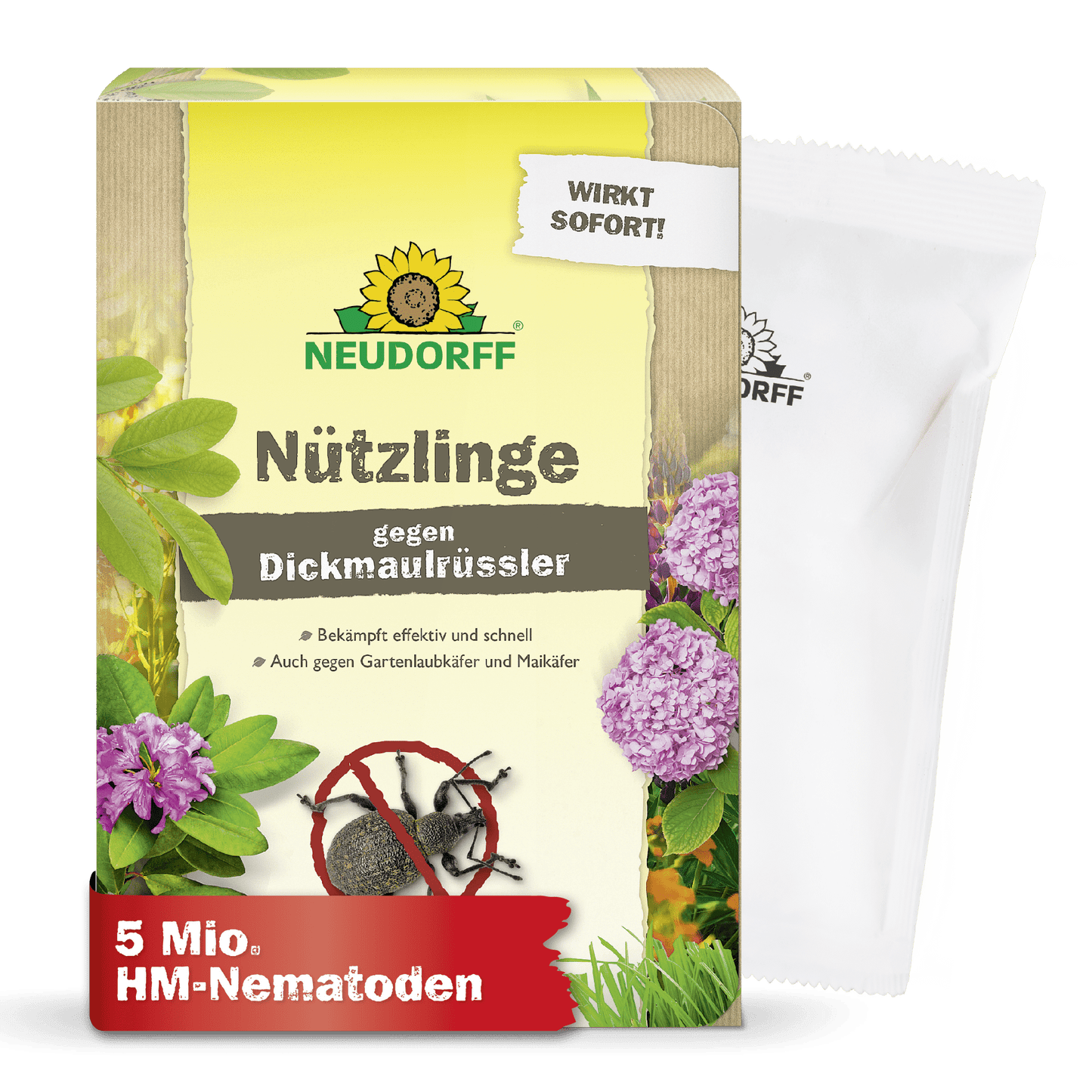 En kasse Neudorff Shop nyttedyr mod snudebiller til bekæmpelse af vinlusangreb med planter, insekter og produktinformation. En hvid pose på højre side viser, at der er 5 millioner HM-nematoder indeholdt.