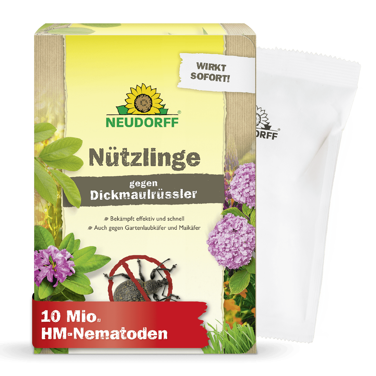 En Neudorff Shop nyttedyr mod snudebiller boks med branding, blomster, biller og "10 mio. HM-nematoder" tilbyder en effektiv have- og larveskadedyrsbekæmpelse. HM-nematoder" tilbyder effektiv have- og larveskadedyrsbekæmpelse. Bag kassen er en hvid pose delvist synlig.