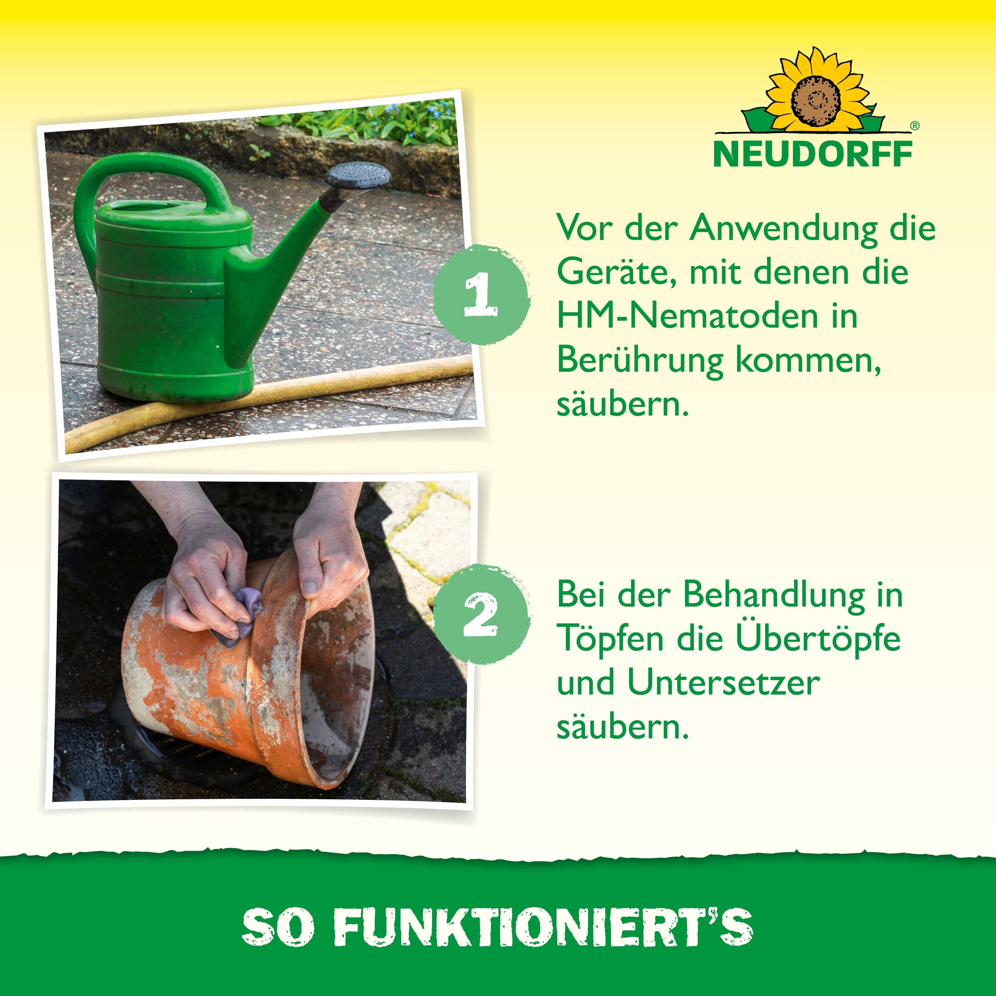 Eine grüne Gießkanne und eine Hand reinigen einen Blumentopf. Hinweis: Bevor Sie Nützlinge gegen Dickmaulrüssler von Neudorff Shop einsetzen, säubern Sie Geräte, Übertöpfe und Untersetzer gründlich.