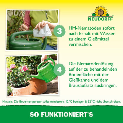En person blander nyttedyr mod snudebiller fra Neudorff Shop med vand i en grøn vandkande for at bekæmpe larver og hælder opløsningen på jorden. Billedet viser instruktioner og information på tysk.