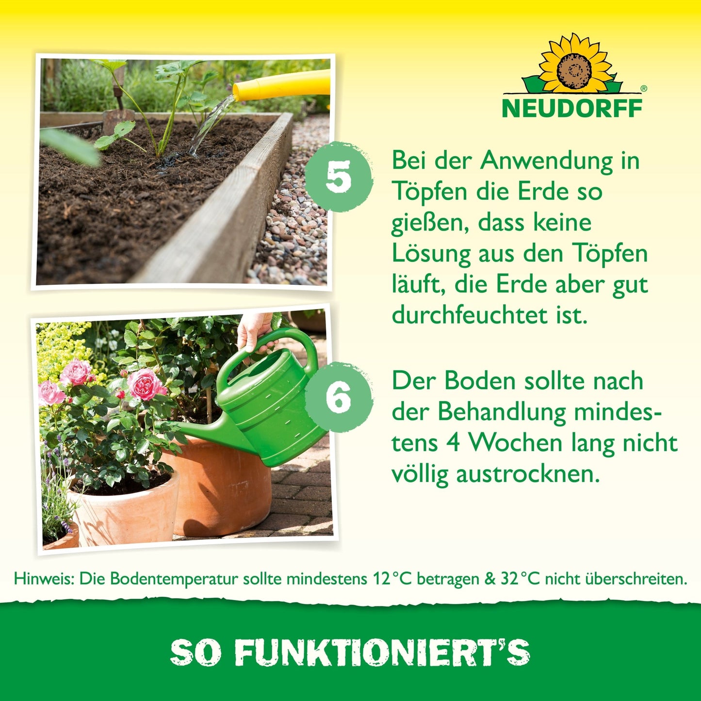 En person løsner jorden i et højbed med en håndrive, mens en anden vander en plante. Neudorff Shop-logoet og den tyske vejledning henviser til brugen af nyttedyr mod snudebiller til naturlig skadedyrsbekæmpelse.