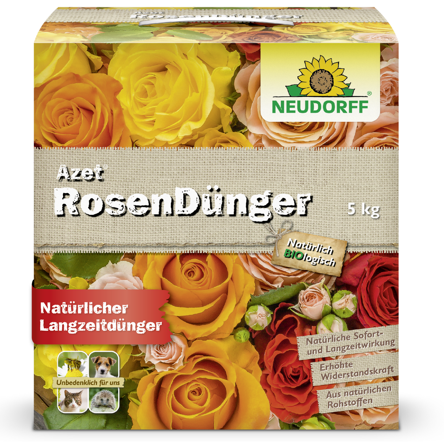 En 5 kg kasse Neudorff Shop Azet RosenGødning viser billeder af gule, orange og røde blomstrende roser. Naturlig og organisk, tilbyder det langvarig næring til dine roser.