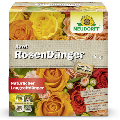 En 5 kg kasse Neudorff Shop Azet RosenGødning viser billeder af gule, orange og røde blomstrende roser. Naturlig og organisk, tilbyder det langvarig næring til dine roser.