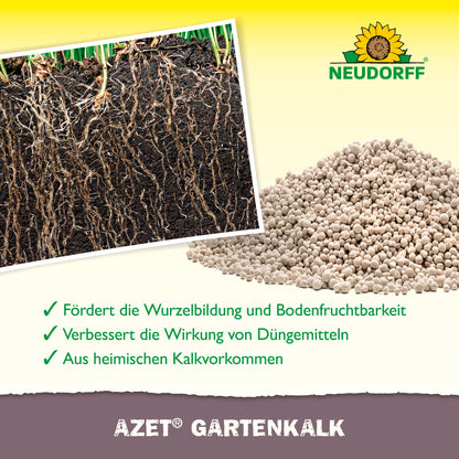 Ein Werbebild für Azet GartenKalk von Neudorff Shop zeigt ein Sonnenblumenlogo, Pflanzenwurzeln in der Erde, ein gräuliches Düngemittelgranulat und einen Text, der Vorteile wie verbessertes Wurzelwachstum, höhere Bodenfruchtbarkeit und einen ausgeglichenen pH-Wert hervorhebt.