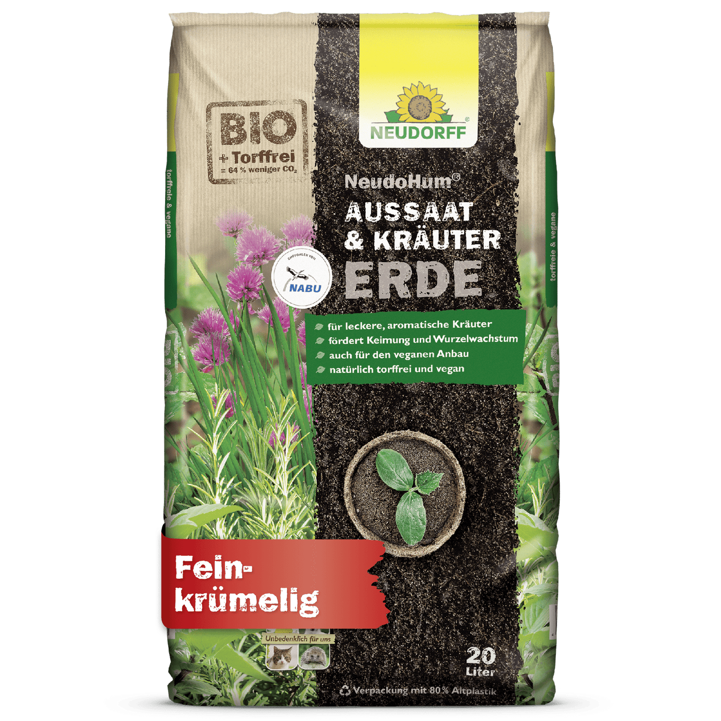En 20-liters sæk NeudoHum Så- & Krydderurtejord fra Neudorff Shop, en finmuldet jord, der er ideel til middelhavskrydderurter, blomster og grøntsagsdyrkning. Den miljøvenlige emballage viser krydderurter og jord.